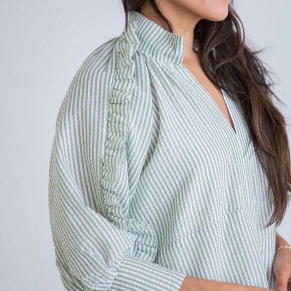 Revolve Karlie Green Mint Seersucker Stripe Ruffle Boho Dress - Picture 2 of 11